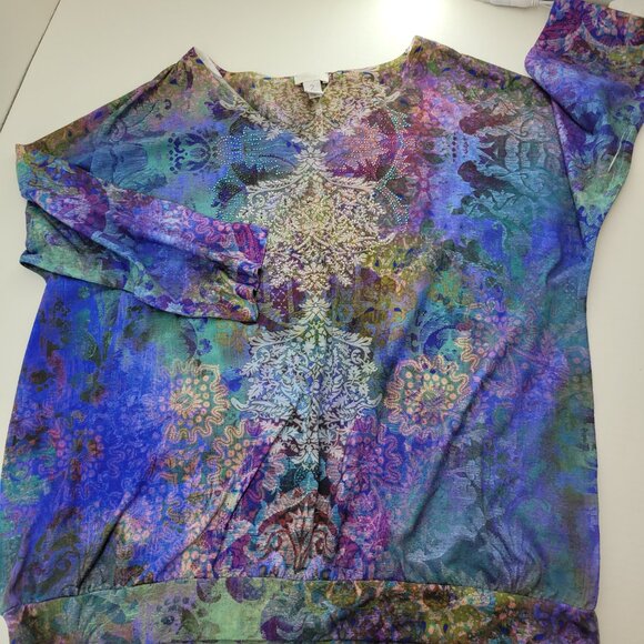 Chicos Top Womens size Large 12 Multicolor Abstract 3/4 Dolman Sleeve Art 2 Wear - Picture 9 of 9